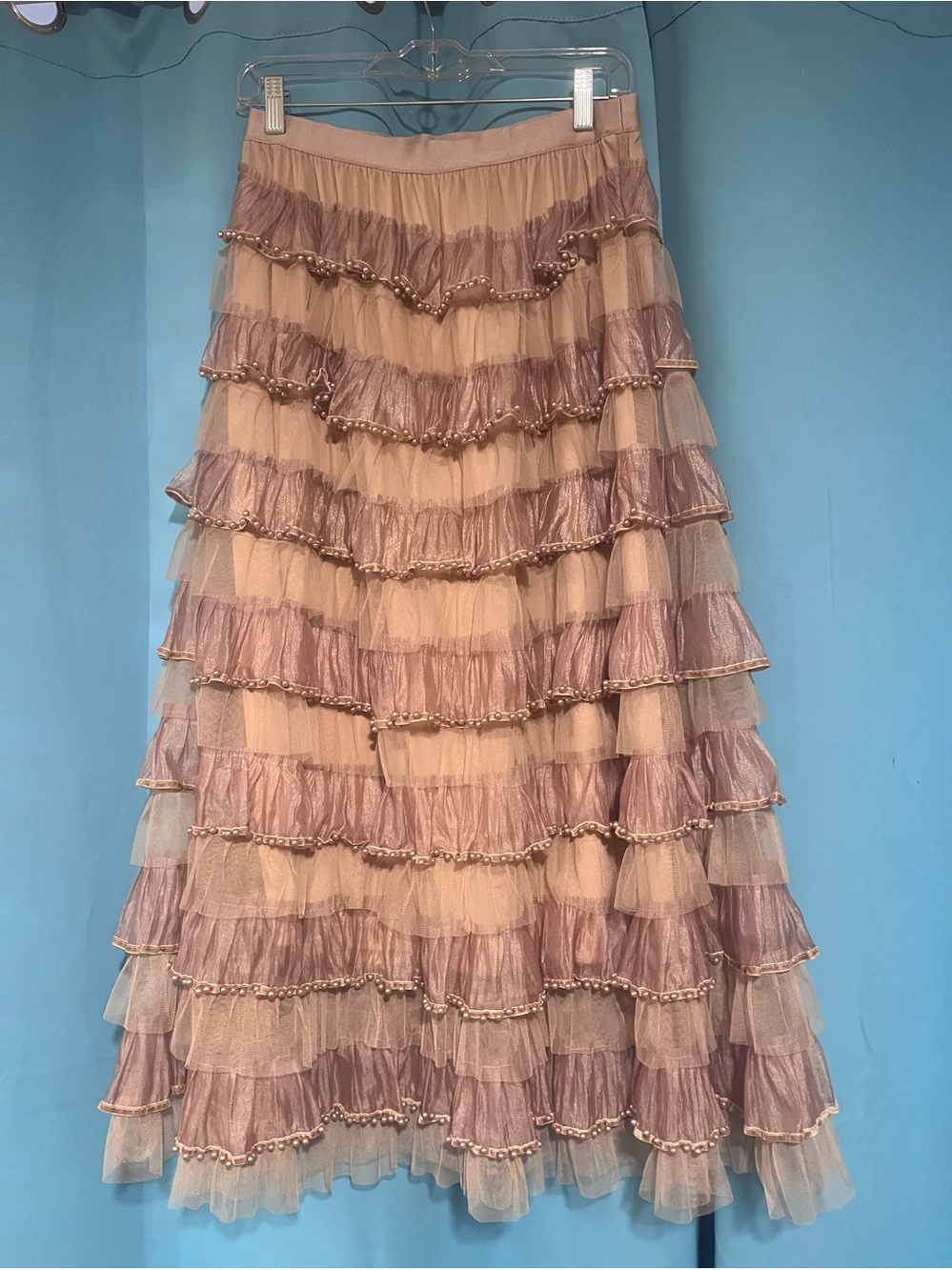 Tiered Ruffle Midi Skirt in Blush Beige with Pearl Detailing- Large NWT